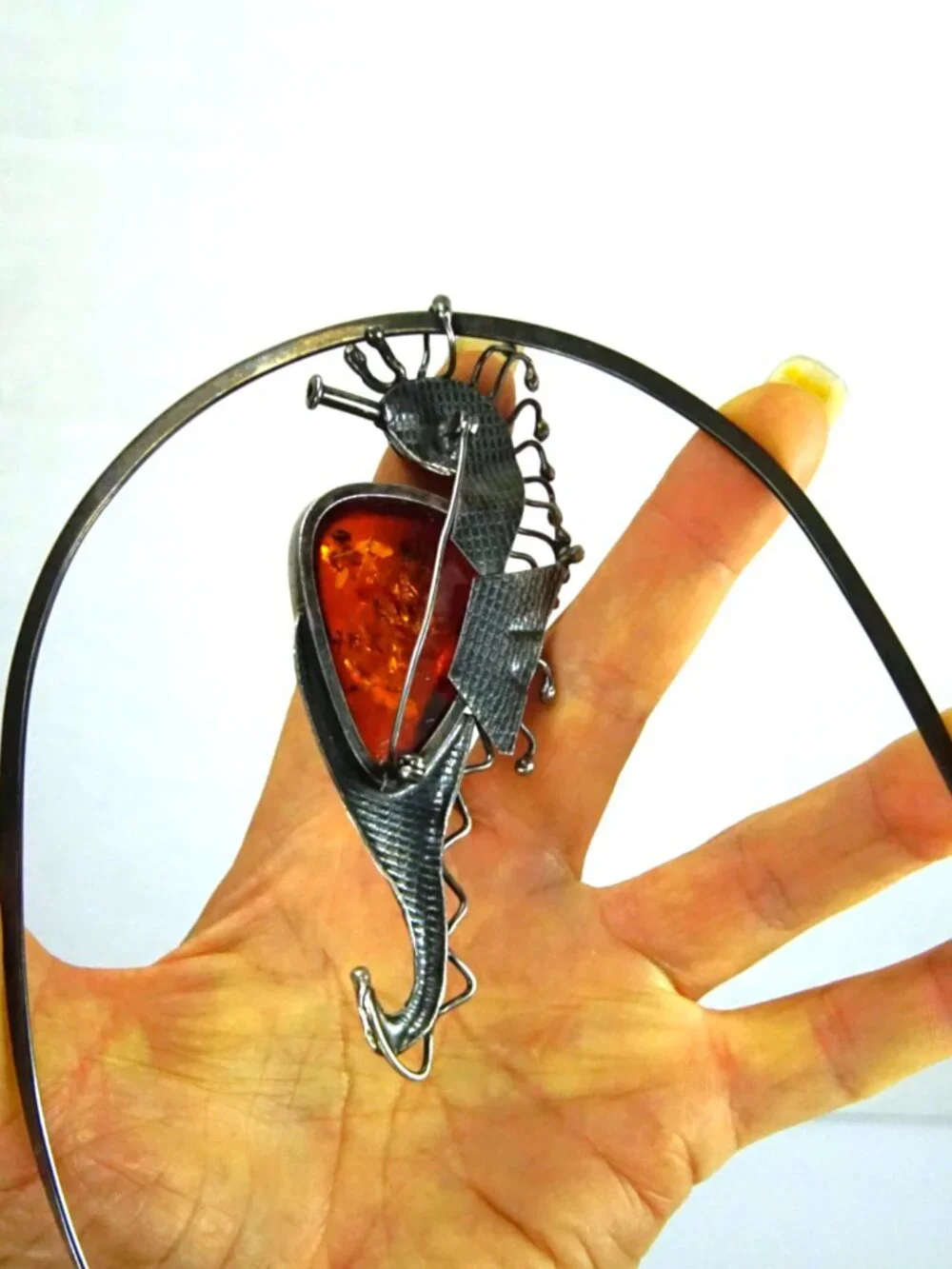 Rare Seahorse Baltic  Amber Sterling  Silver Pendant-Brooch Necklace